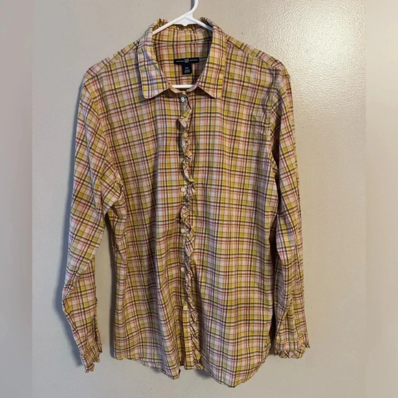 Gap Button Up Shirt Ruffle Plaid Tan Beige Yellow Cotton Y2K Fall XXL‎ Boho - Picture 1 of 6